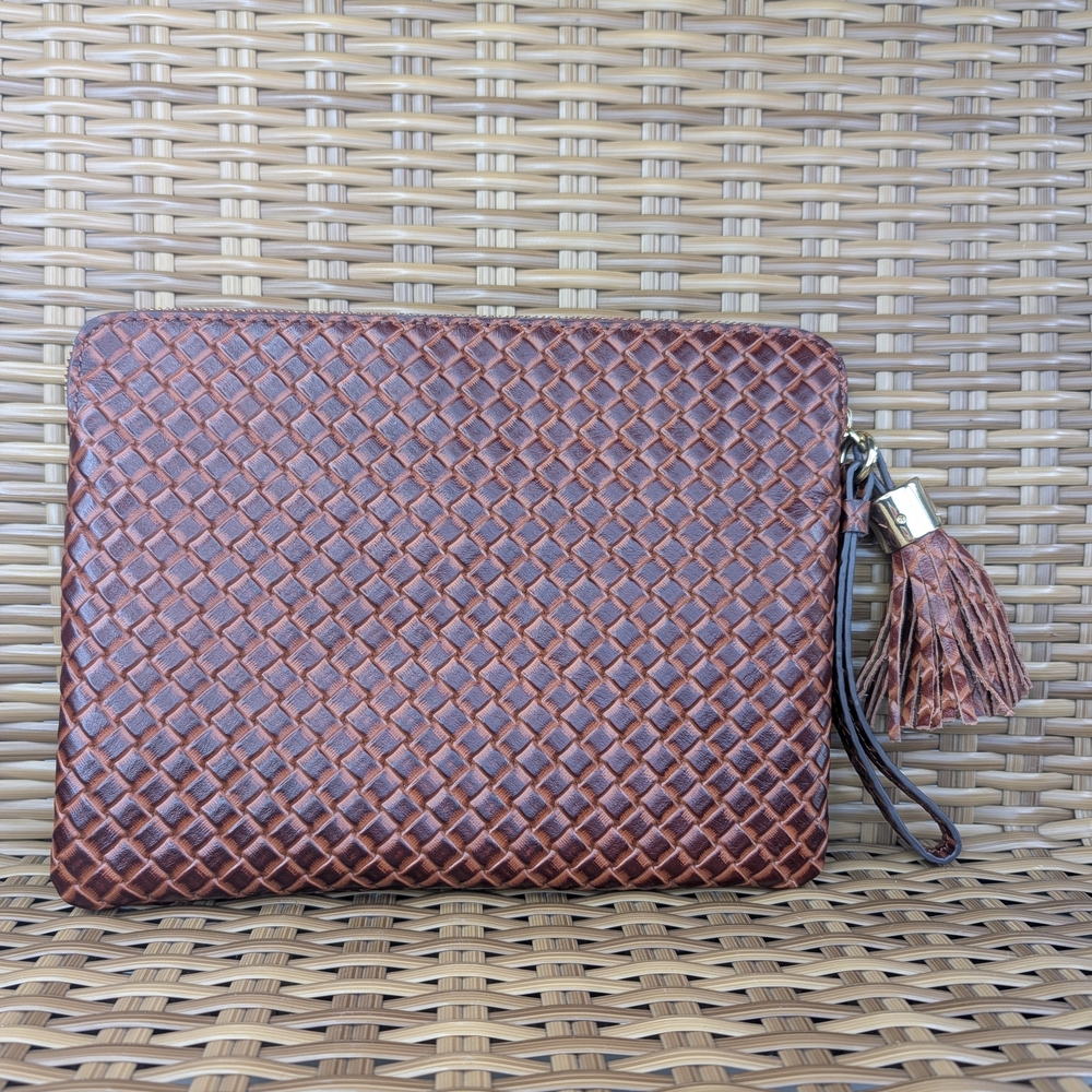 G.I.L.I Haloguard Brown Woven Leather Wristlet Clutch Bag Pouch Tassel Detail